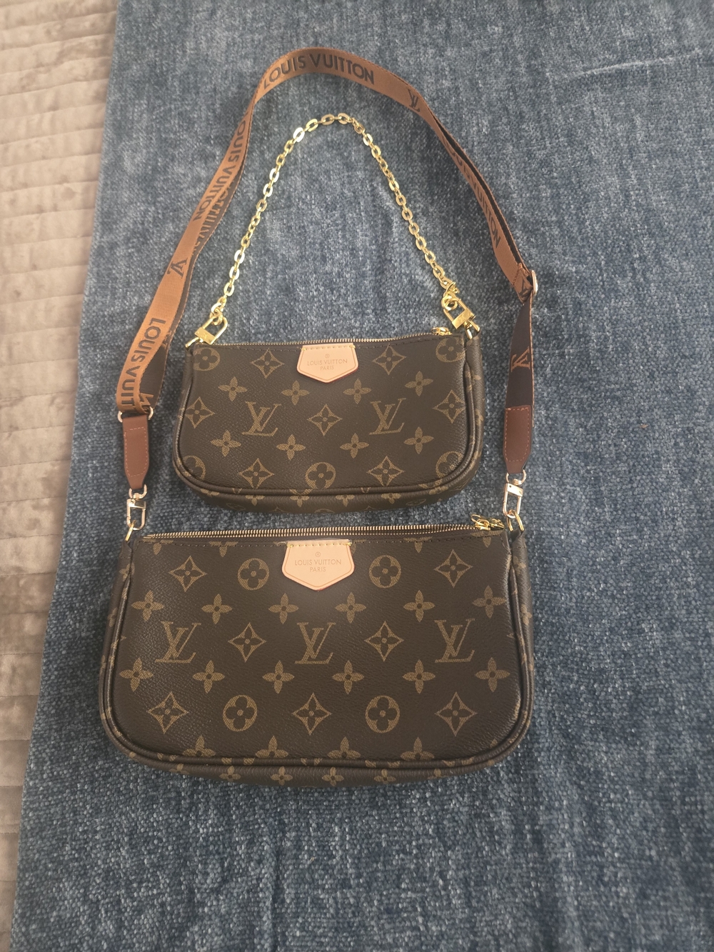 Louis Vuitton Monogram Duo Pochette Shoulder Bag in Brown with Gold Hardware
